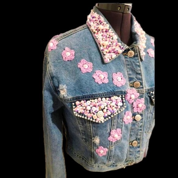 Hand Crafted Jackets & Blazers - Unique Upcyle Beaded Sequin Crochet Flowers Distressed Jean Jacket Large